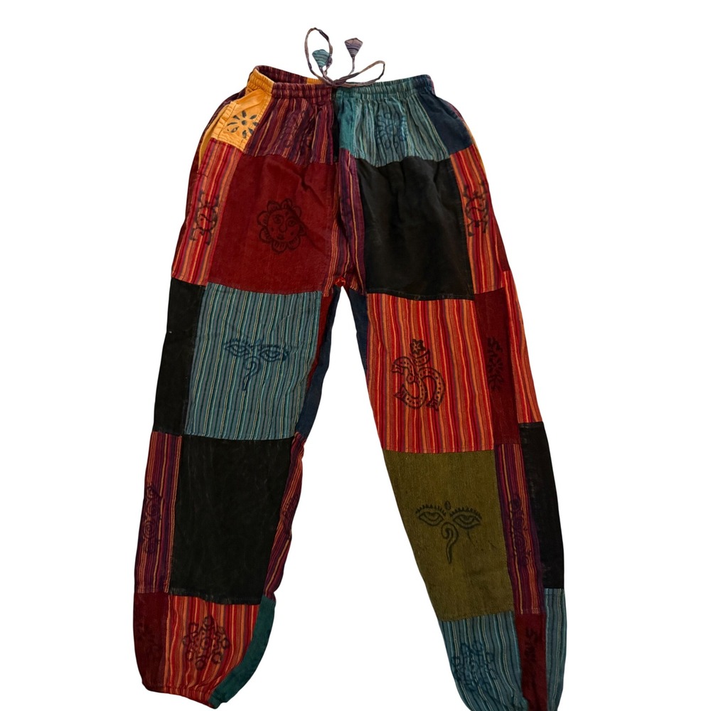 Sun Beam Patchwork Harem Pants Boho Festival Hippie Multi Color Om Symbols